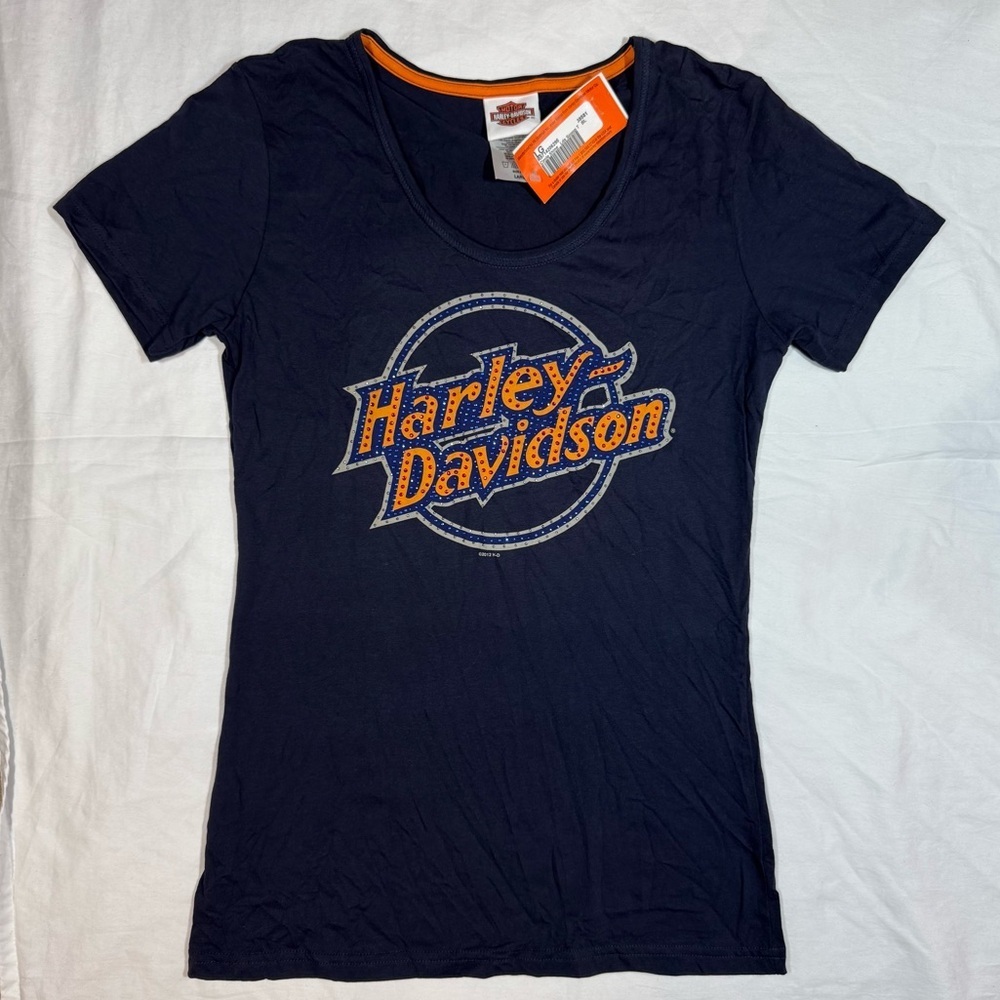 NWT Harley Davidson Women's Navy Rhinestone Graphic T-Shirt Bergdale MN Large‎